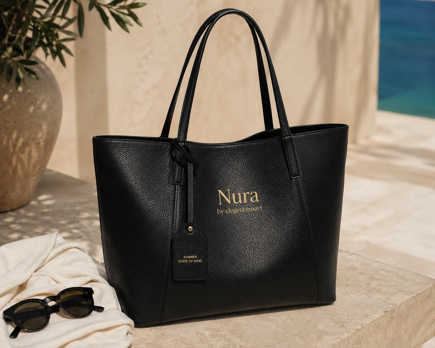 Nura by Elegence Mart – Black Leather Summer Tote.