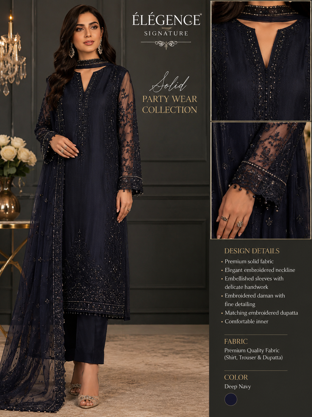 Elegence Signature Luxury Navy Blue Embroidered Party Wear Suit | Premium Formal Dress for Women