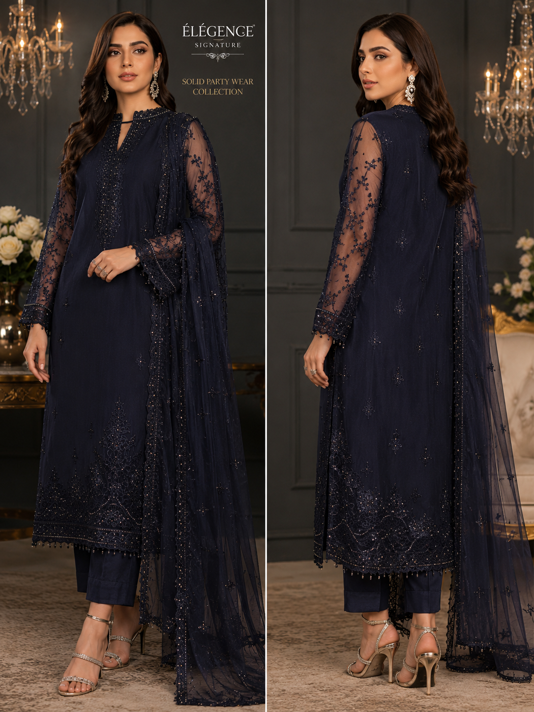 Elegence Signature Luxury Navy Blue Embroidered Party Wear Suit | Premium Formal Dress for Women
