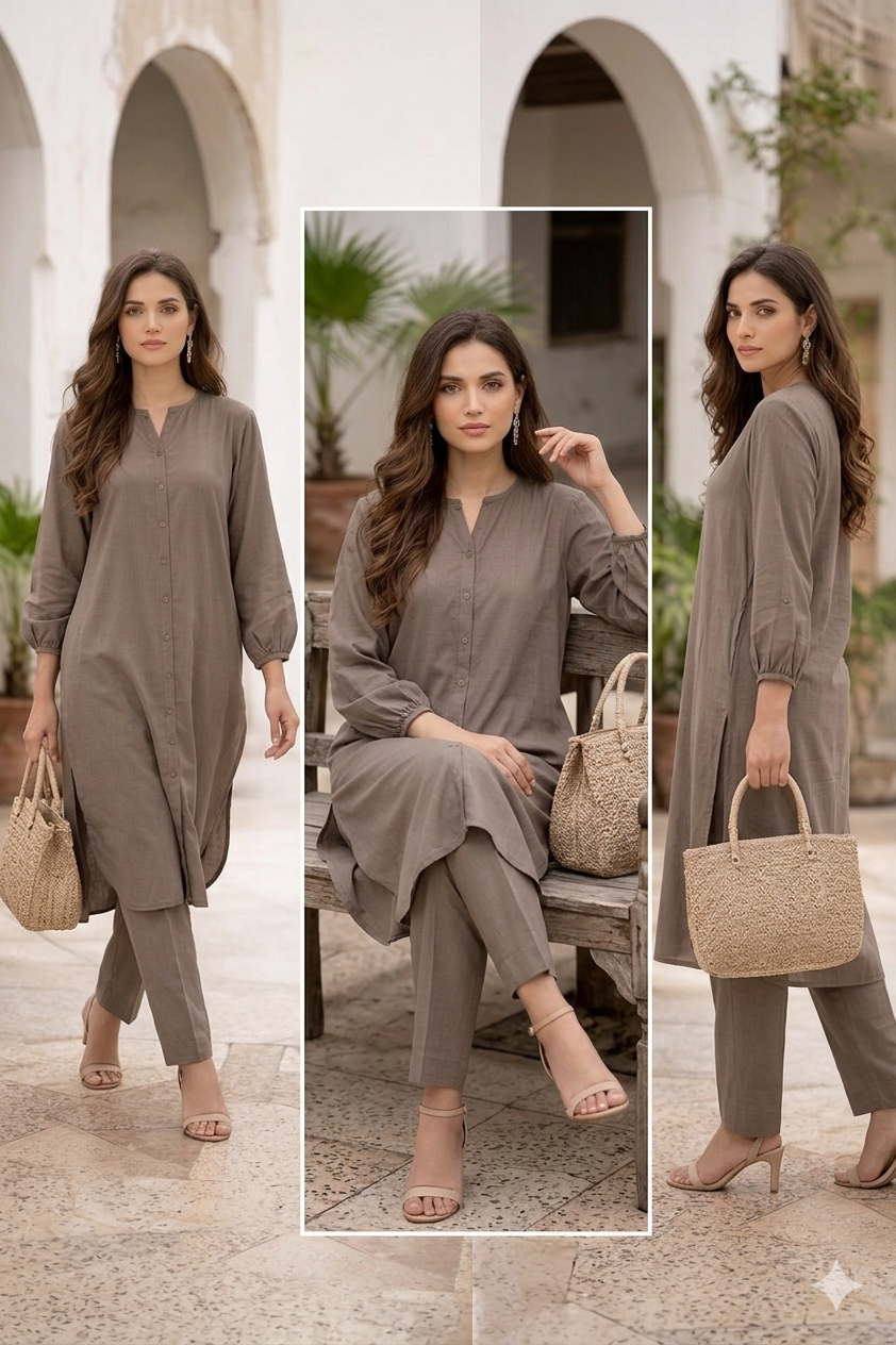 Elegant Taupe Brown Button-Down Co-ord Set