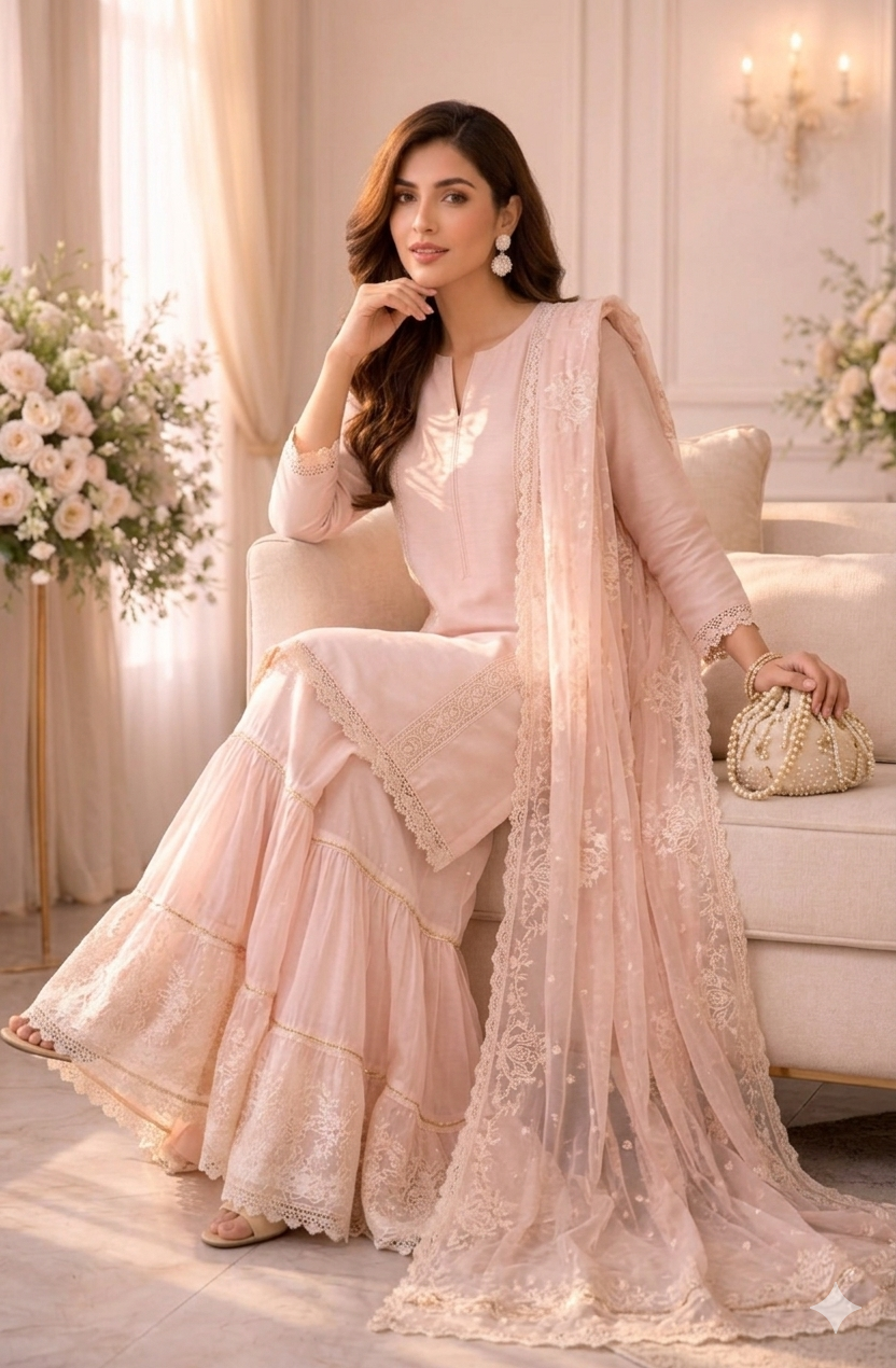 The Eid Special Collection | Blush Pink Pearl-Embellished Sharara Set