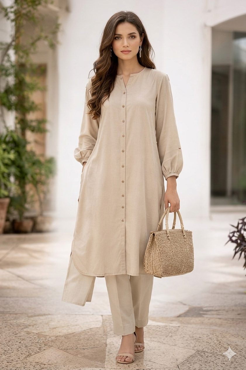 Elegant Beige Summer Lawn Kurta Set