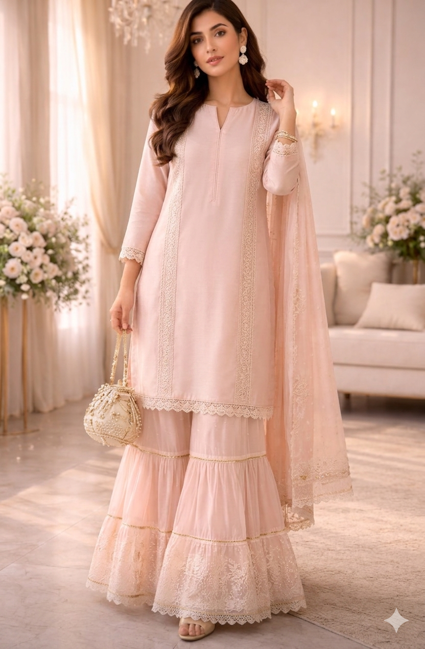 The Eid Special Collection | Blush Pink Pearl-Embellished Sharara Set