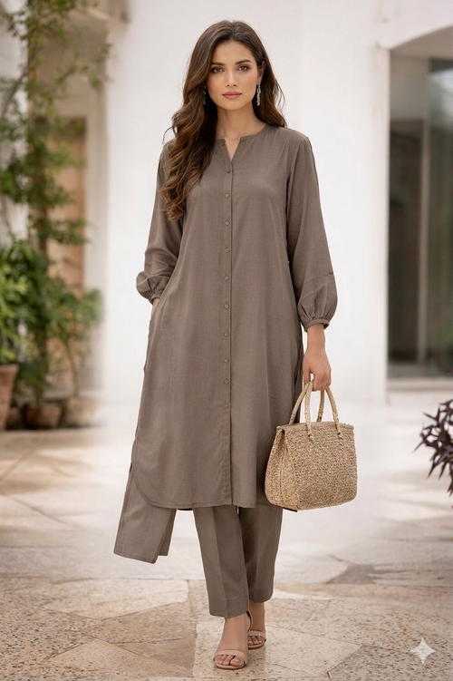 Elegant Taupe Brown Button-Down Co-ord Set