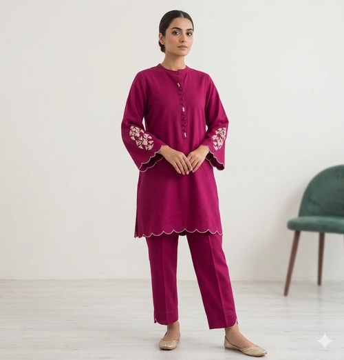 Magenta Rose Embroidered Formal Co-ord Set – Scalloped Hem & Sleeve Detail – Luxury Summer Cotton