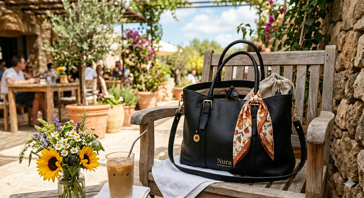 Nura by Elegence Mart – Black Leather Summer Tote.