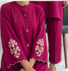 Magenta Rose Embroidered Formal Co-ord Set – Scalloped Hem & Sleeve Detail – Luxury Summer Cotton